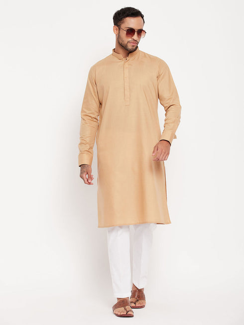 Vastramay Men's Chiku Cotton Blend Kurta and White Pnt Style Pyjama Set