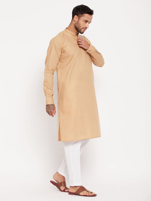 Vastramay Men's Chiku Cotton Blend Kurta and White Pnt Style Pyjama Set