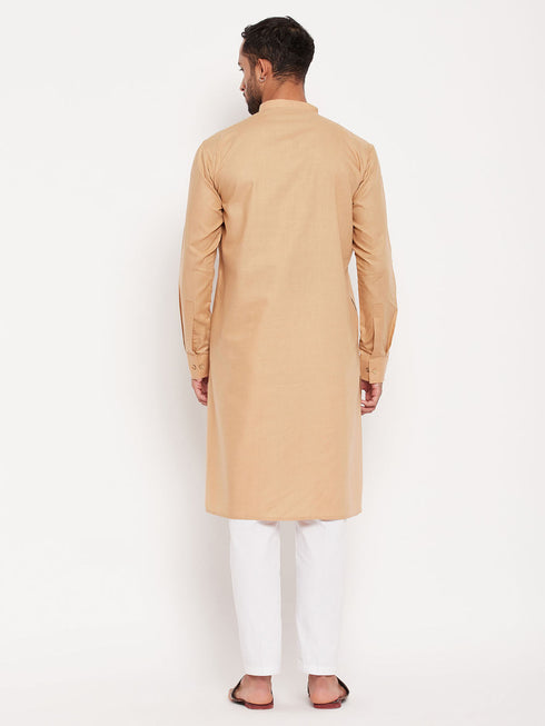 Vastramay Men's Chiku Cotton Blend Kurta and White Pnt Style Pyjama Set