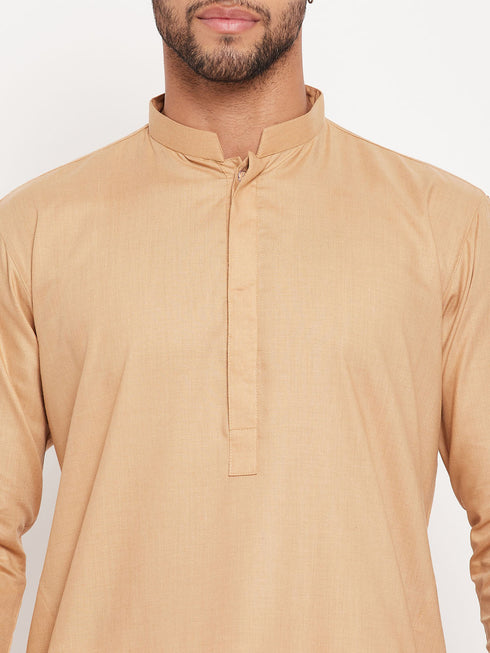 Vastramay Men's Chiku Cotton Blend Kurta and White Pnt Style Pyjama Set