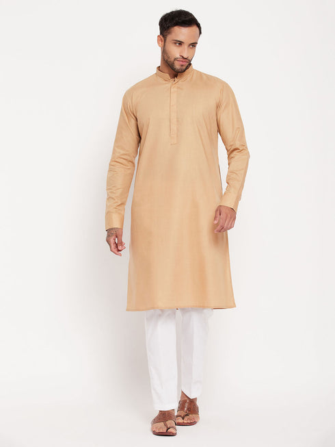 Vastramay Men's Chiku Cotton Blend Kurta and White Pnt Style Pyjama Set