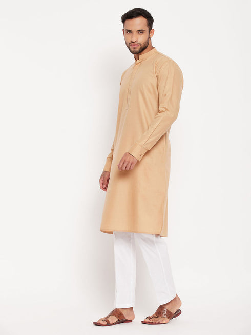 Vastramay Men's Chiku Cotton Blend Kurta and White Pnt Style Pyjama Set