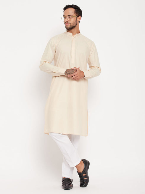 Vastramay Men's Cream Cotton Blend Kurta and White Pant Style Pyjama Set