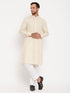 Vastramay Men's Cream Cotton Blend Kurta and White Pant Style Pyjama Set