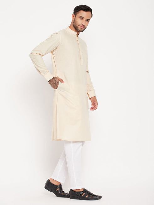 Vastramay Men's Cream Cotton Blend Kurta and White Pant Style Pyjama Set
