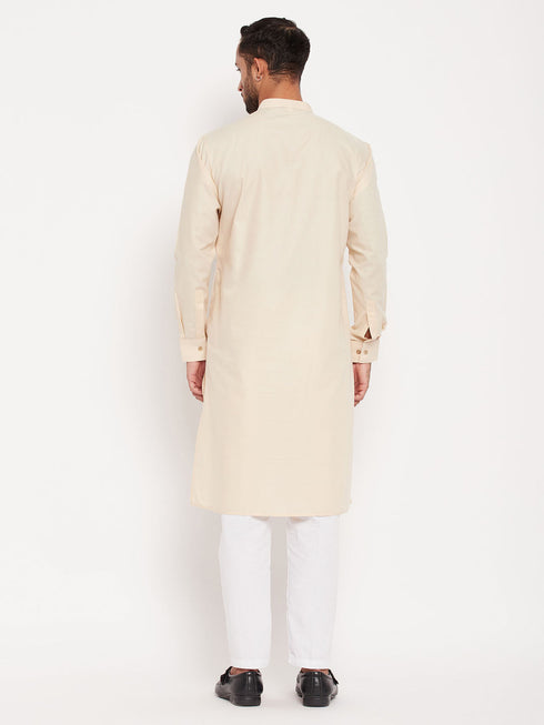 Vastramay Men's Cream Cotton Blend Kurta and White Pant Style Pyjama Set