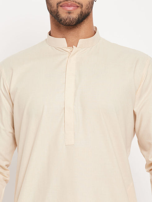 Vastramay Men's Cream Cotton Blend Kurta and White Pant Style Pyjama Set
