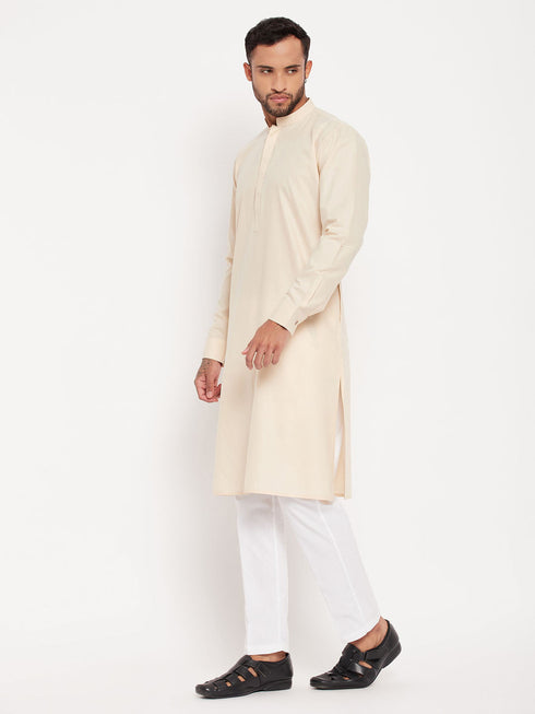 Vastramay Men's Cream Cotton Blend Kurta and White Pant Style Pyjama Set