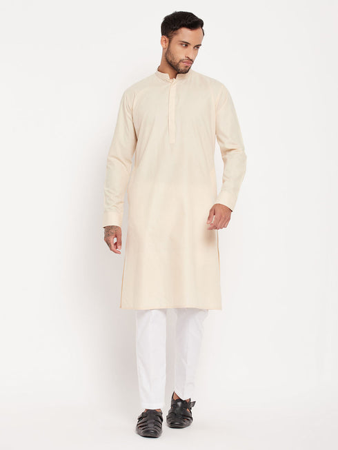 Vastramay Men's Cream Cotton Blend Kurta and White Pant Style Pyjama Set