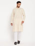 Vastramay Men's Cream Cotton Blend Kurta and White Pant Style Pyjama Set