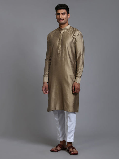 Vastramay Men's Green Cotton Blend Kurta and White Pant Set