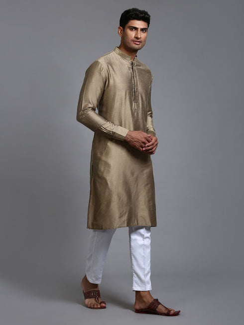 Vastramay Men's Green Cotton Blend Kurta and White Pant Set