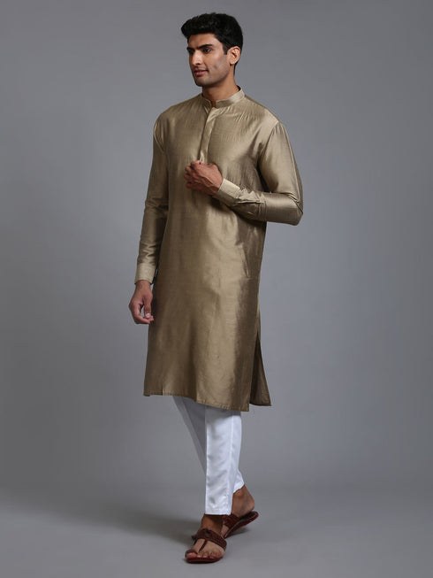 Vastramay Men's Green Cotton Blend Kurta and White Pant Set