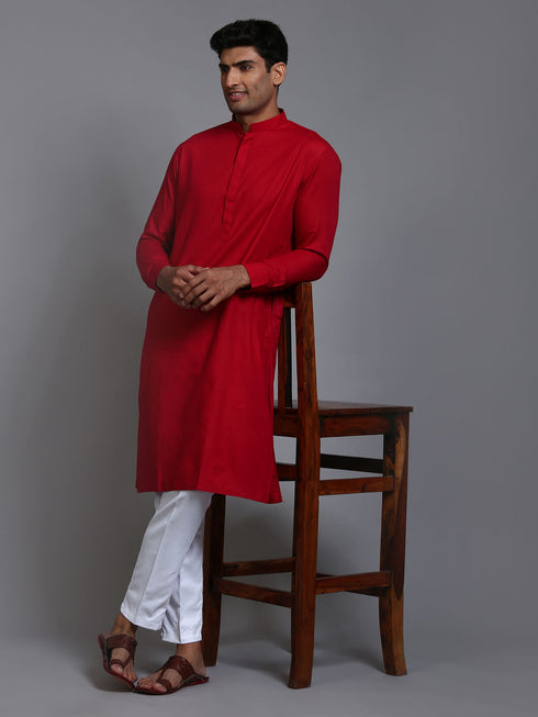 Vastramay Men's Maroon Cotton Blend Kurta and White Pant Set
