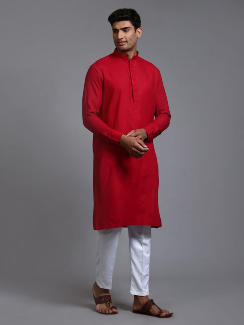 Vastramay Men's Maroon Cotton Blend Kurta and White Pant Set