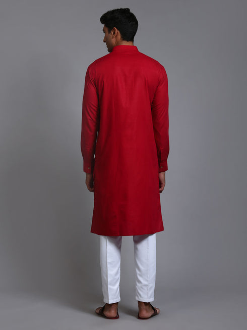 Vastramay Men's Maroon Cotton Blend Kurta and White Pant Set