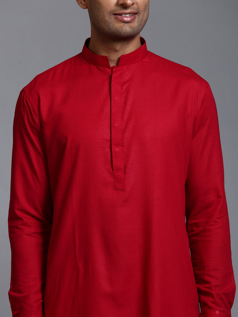 Vastramay Men's Maroon Cotton Blend Kurta and White Pant Set