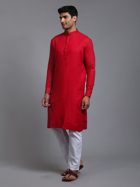 Vastramay Men's Maroon Cotton Blend Kurta Pyjama Set