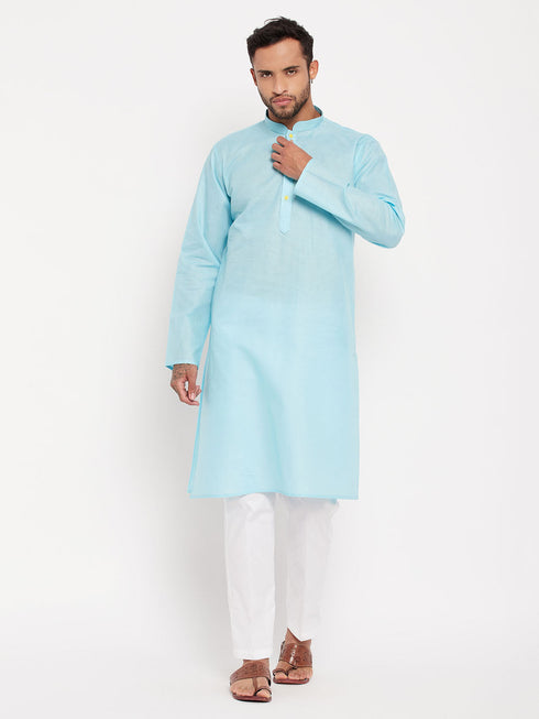 Vastramay Men's Aqua Blue Kurta And White Pant Style Pyjama Set