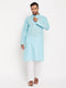 Vastramay Men's Aqua Blue Kurta And White Pant Style Pyjama Set