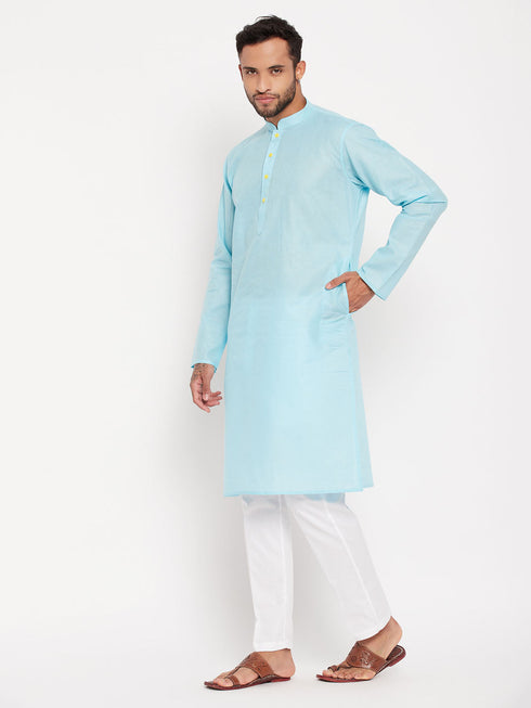 Vastramay Men's Aqua Blue Kurta And White Pant Style Pyjama Set