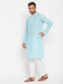 Vastramay Men's Aqua Blue Kurta And White Pant Style Pyjama Set