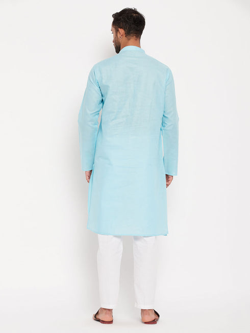 Vastramay Men's Aqua Blue Kurta And White Pant Style Pyjama Set