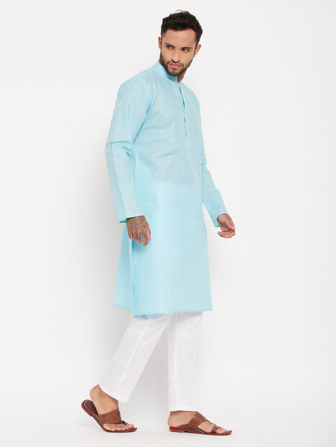 Vastramay Men's Aqua Blue Kurta And White Pant Style Pyjama Set