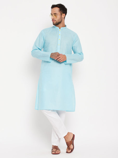 Vastramay Men's Aqua Blue Kurta And White Pant Style Pyjama Set