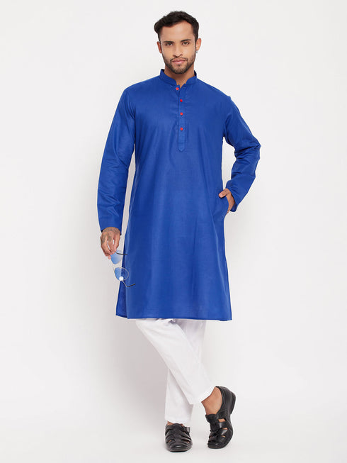 Vastramay Men's Blue Kurta And White Pant Style Pyjama Set