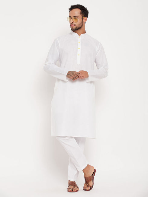 Vastramay Men's Cream Kurta And White Pant Style Pyjama Set