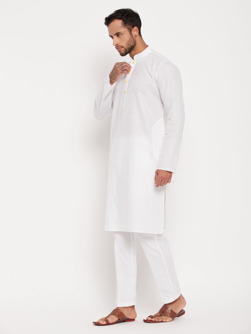 Vastramay Men's Cream Kurta And White Pant Style Pyjama Set