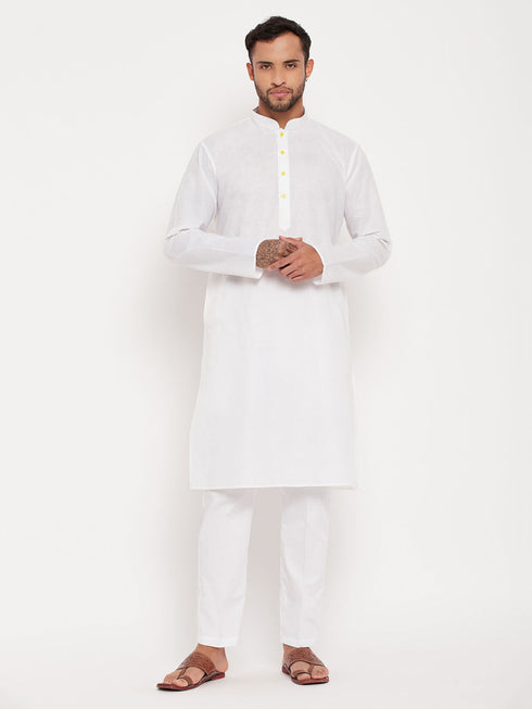 Vastramay Men's Cream Kurta And White Pant Style Pyjama Set