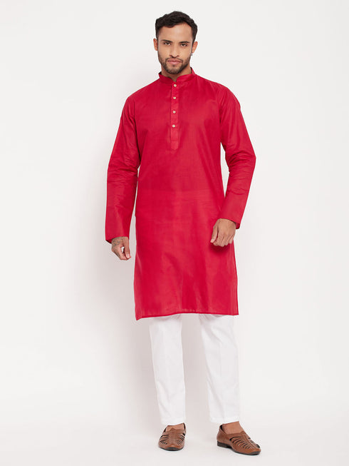 Vastramay Men's Maroon Kurta And White Pant Style Pyjama Set