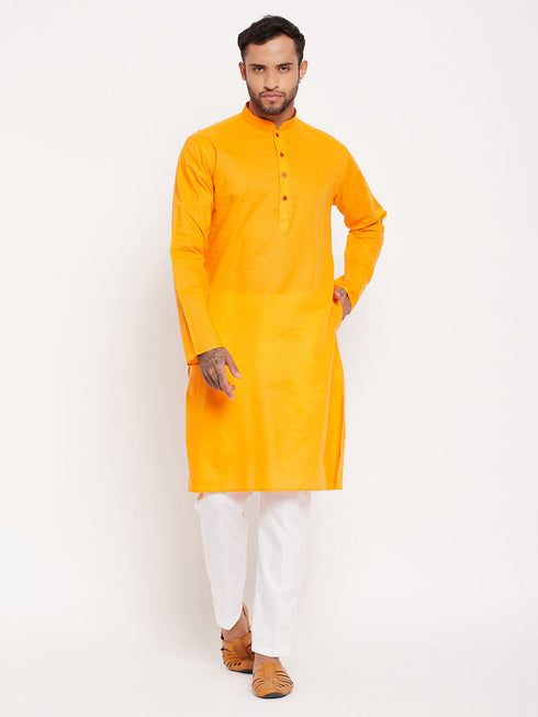 Vastramay Men's Orange Kurta And White Pant Style Pyjama Set
