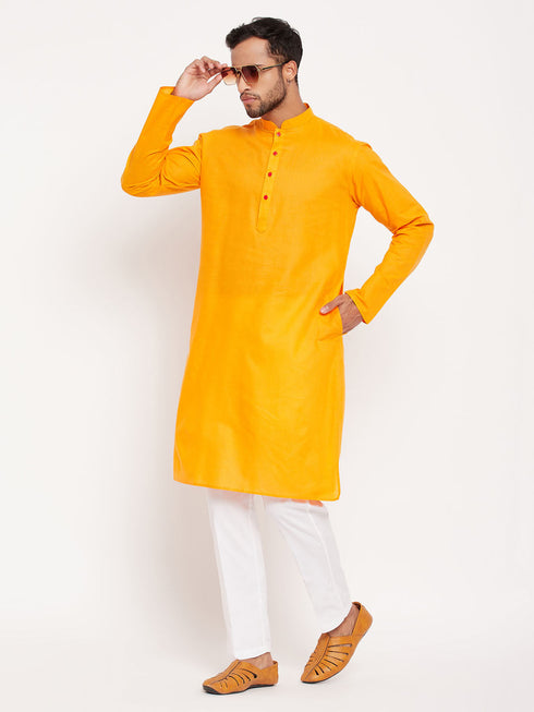 Vastramay Men's Orange Kurta And White Pant Style Pyjama Set