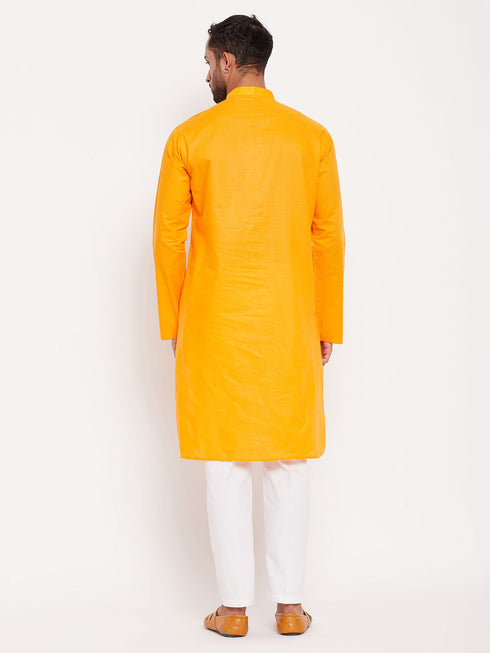 Vastramay Men's Orange Kurta And White Pant Style Pyjama Set