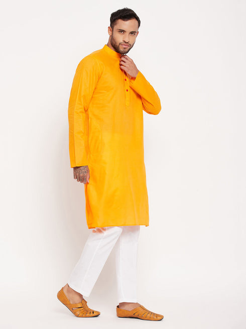 Vastramay Men's Orange Kurta And White Pant Style Pyjama Set
