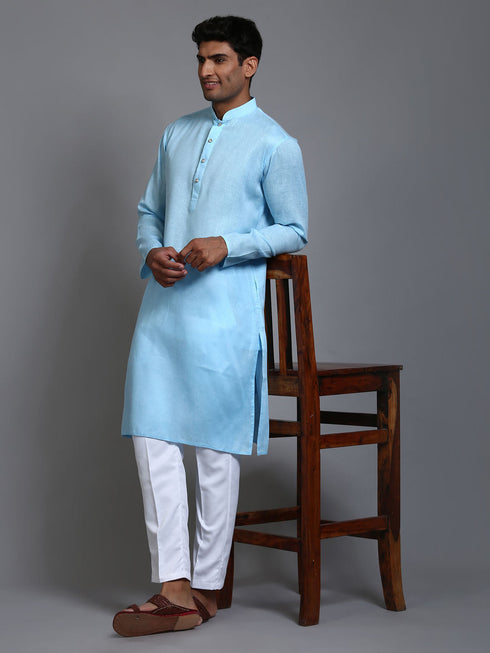 Vastramay Men's Aqua Blue Cotton Kurta with Pant Set