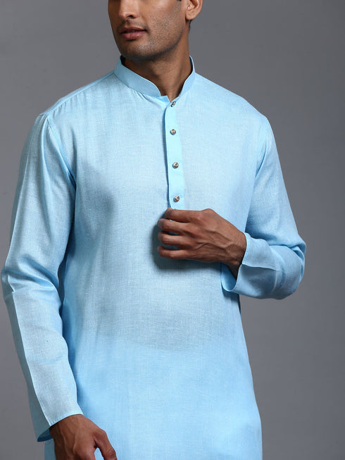 Vastramay Men's Aqua Blue Cotton Kurta with Pant Set