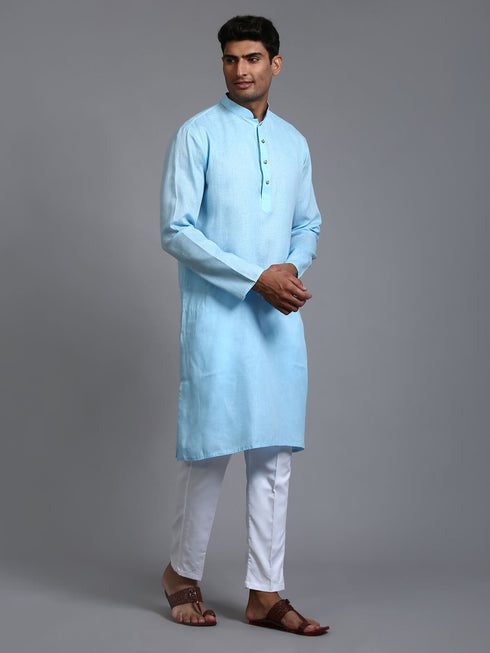 Vastramay Men's Aqua Blue Cotton Kurta with Pant Set