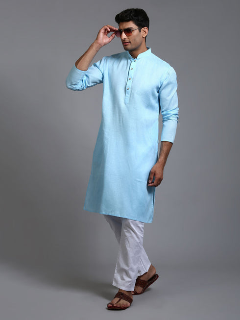 Vastramay Men's Aqua Blue Cotton Kurta Pyjama Set