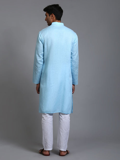 Vastramay Men's Aqua Blue Cotton Kurta Pyjama Set