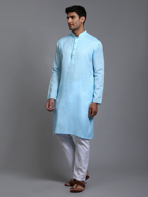Vastramay Men's Aqua Blue Cotton Kurta Pyjama Set