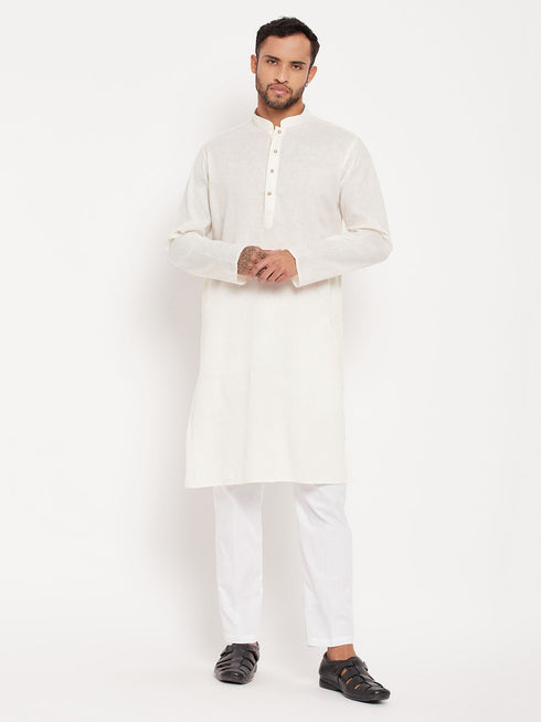 Vastramay Men's Cream Kurta And White Pant Style Pyjama Set