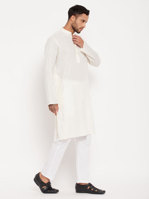Vastramay Men's Cream Kurta And White Pant Style Pyjama Set