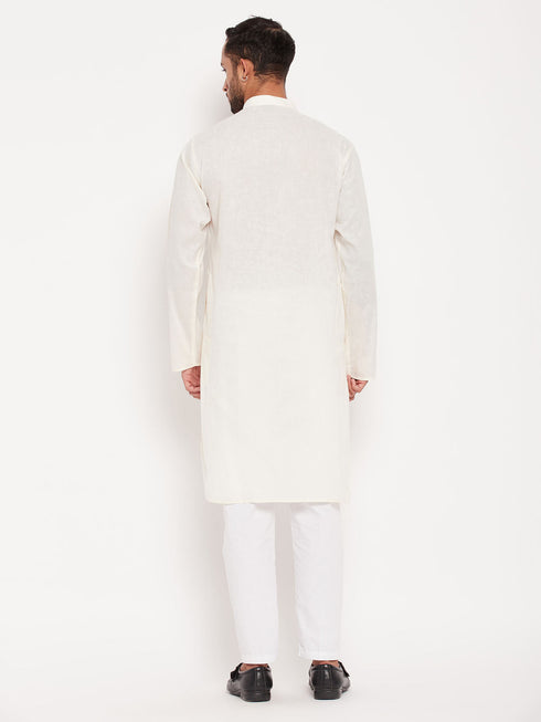 Vastramay Men's Cream Kurta And White Pant Style Pyjama Set