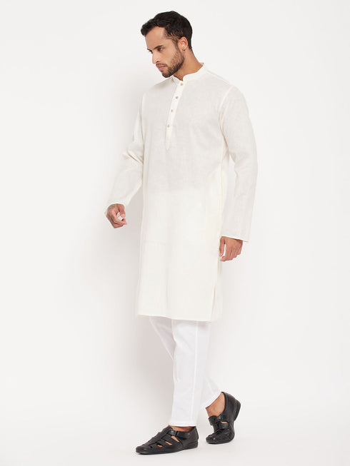 Vastramay Men's Cream Kurta And White Pant Style Pyjama Set