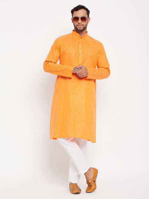 Vastramay Men's Orange Kurta And White Pant Style Pyjama Set