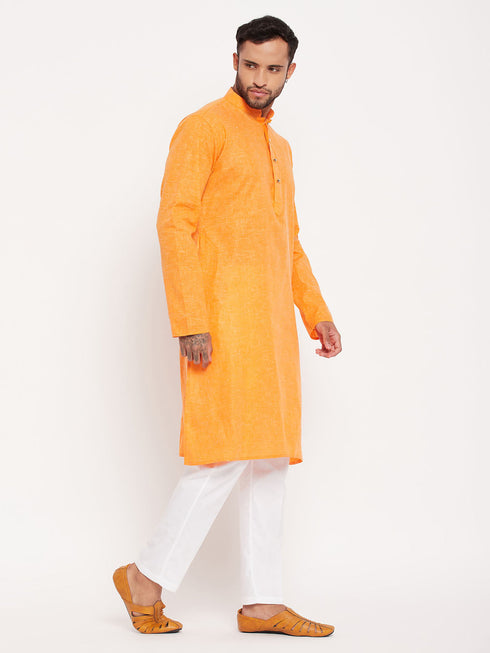 Vastramay Men's Orange Kurta And White Pant Style Pyjama Set